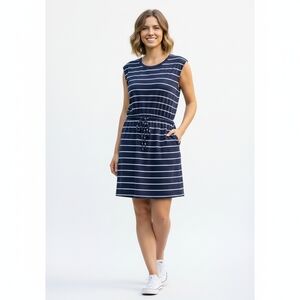 Banana Republic Navy and White Striped Midi Dress With Cap Sleeve Slit Back Sz M
